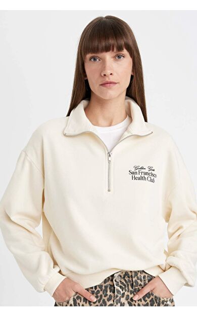 DeFacto Regular Fit Baskılı Yarım Fermuarlı Dik Yaka Kalın Sweatshirt