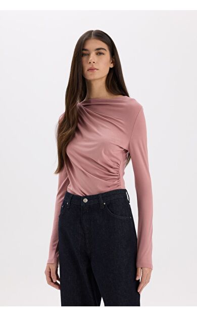 DeFacto Slim Fit Dar Kesim Kayık Yaka Basic Düz Uzun Kollu Bluz