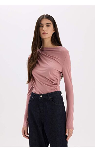 DeFacto Slim Fit Dar Kesim Kayık Yaka Basic Düz Uzun Kollu Bluz