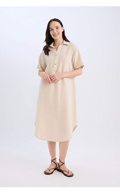 Regular Fit Düğmeli Polo Yaka Basic Düz Müslin Kısa Kollu MiniElbise