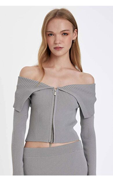 DeFacto Slim Fit Açık Omuz Fermuarlı Hırka