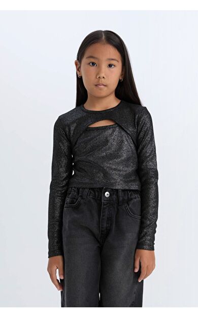 DeFacto Kız Çocuk Slim Fit Dar Kesim Bisiklet Yaka Desenli Fitilli Kaşkorse Uzun Kollu Tişört D5419A824WNBK81