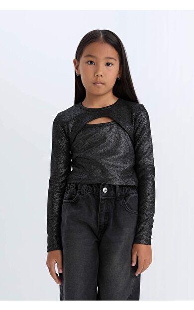 DeFacto Kız Çocuk Slim Fit Dar Kesim Bisiklet Yaka Desenli Fitilli Kaşkorse Uzun Kollu Tişört D5419A824WNBK81