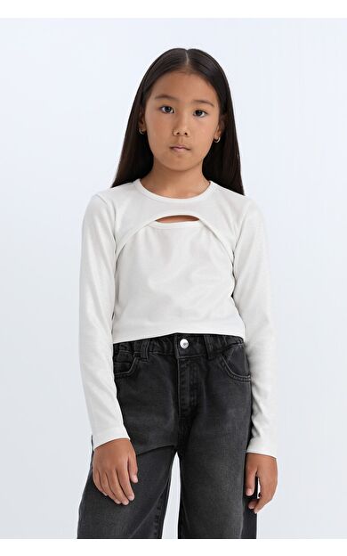 DeFacto Kız Çocuk Slim Fit Dar Kesim Bisiklet Yaka Desenli Fitilli Kaşkorse Uzun Kollu Tişört D5419A824WNER118