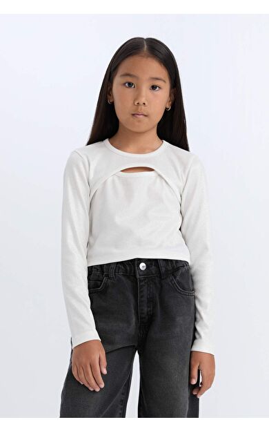 DeFacto Kız Çocuk Slim Fit Dar Kesim Bisiklet Yaka Desenli Fitilli Kaşkorse Uzun Kollu Tişört D5419A824WNER118