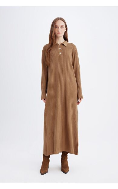 DeFacto Regular Fit Polo Yaka Basic Düz Maxi Triko Elbise