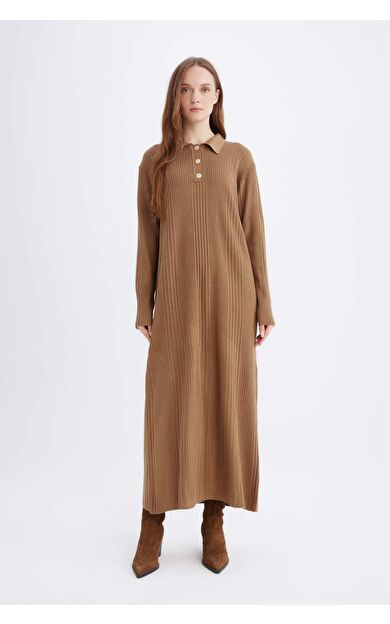 Regular Fit Polo Yaka Basic Düz Maxi Triko Elbise