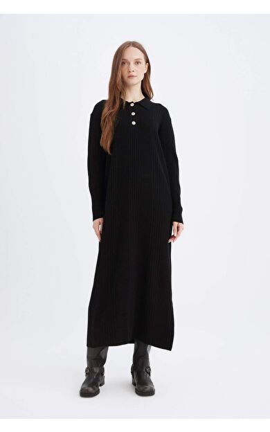 Regular Fit Polo Yaka Basic Düz Maxi Triko Elbise