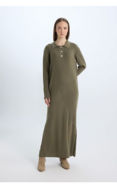 DeFacto Regular Fit Polo Yaka Basic Düz Maxi Triko Elbise