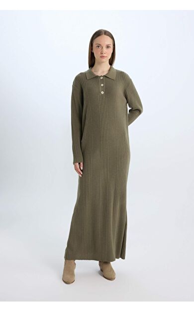 Regular Fit Polo Yaka Basic Düz Maxi Triko Elbise