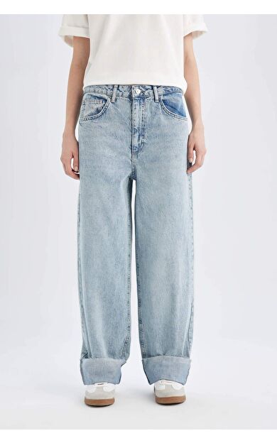 DeFacto Baggy Cuff Baggy Yüksek Bel Katlamalı Paça Bilek Boy Jean Yıkamalı Pantolon