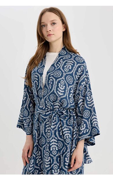 Relax Fit Desenli Kuşaklı Kimono