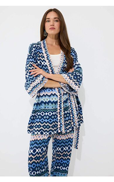 Relax Fit Desenli Kuşaklı Kimono