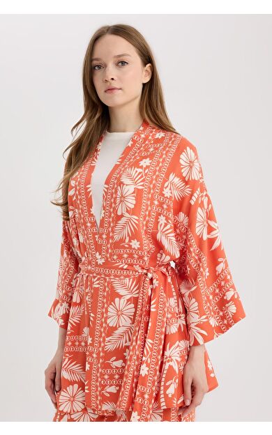 DeFacto Relax Fit Desenli Kuşaklı Kimono