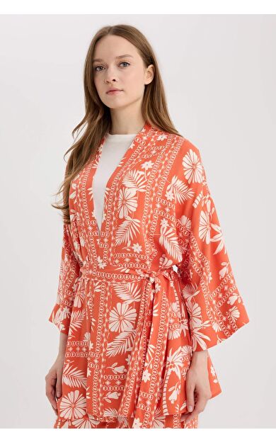Relax Fit Desenli Kuşaklı Kimono