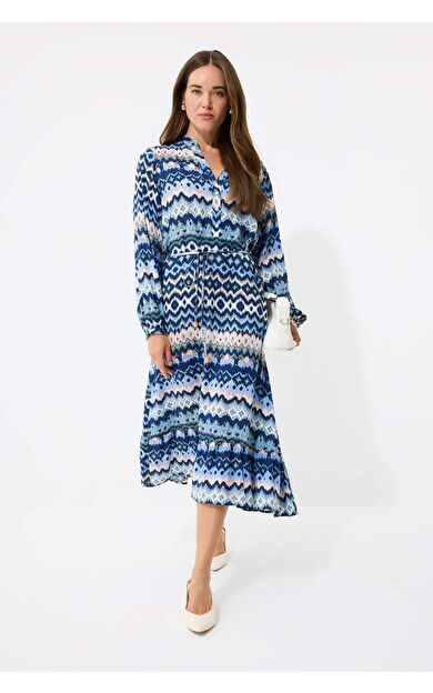 Regular Fit Desenli Bisiklet Yaka Uzun Kollu Midi Elbise