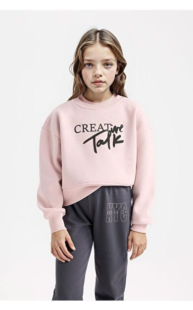 DeFacto Kız Çocuk Relax Fit Bisiklet Yaka Slogan Baskılı Sweatshirt D5454A824WNPR345