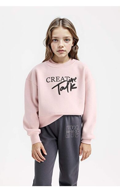 DeFacto Kız Çocuk Relax Fit Bisiklet Yaka Slogan Baskılı Sweatshirt D5454A824WNPR345