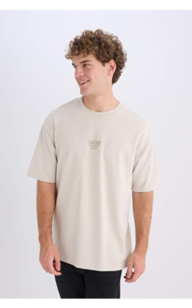 DeFacto Boxy Fit Bisiklet Yaka Baskılı Kısa Kollu Ağır Kumaş Tişört D5517AX25SPGR503