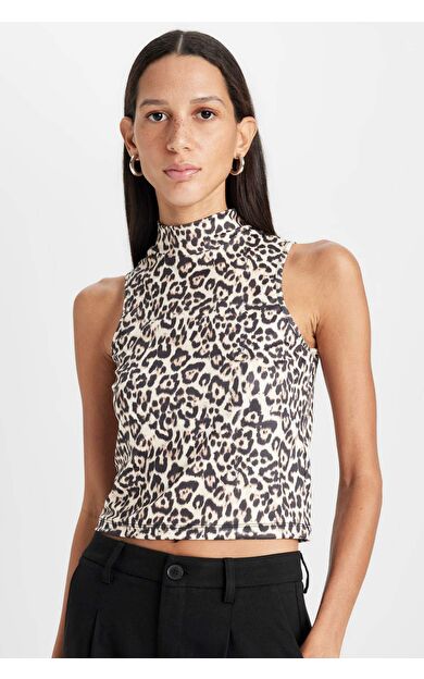 DeFacto Slim Fit Yarım Balıkçı Yaka Leopar Desenli Kolsuz Bluz