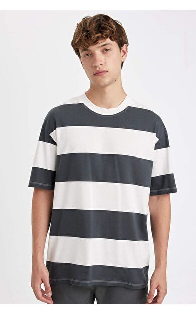DeFacto Boxy Fit Bisiklet Yaka Çizgili Kısa Kollu Tişört D5595AX24AUAR216