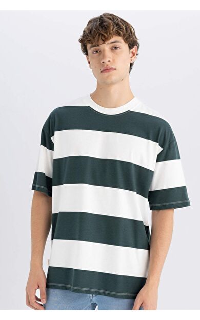 DeFacto Boxy Fit Bisiklet Yaka Çizgili Kısa Kollu Tişört D5595AX24AUGN536