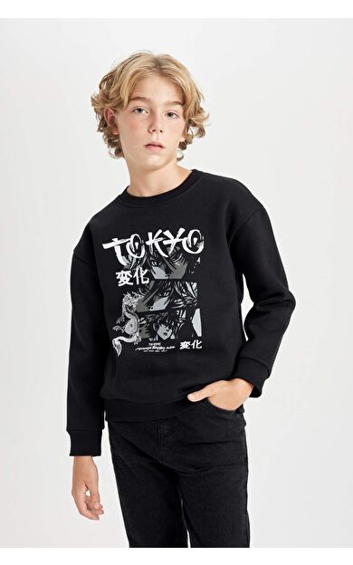 DeFacto Erkek Çocuk Oversize Fit Bisiklet Yaka Baskılı Sweatshirt D5680A824WNBK81