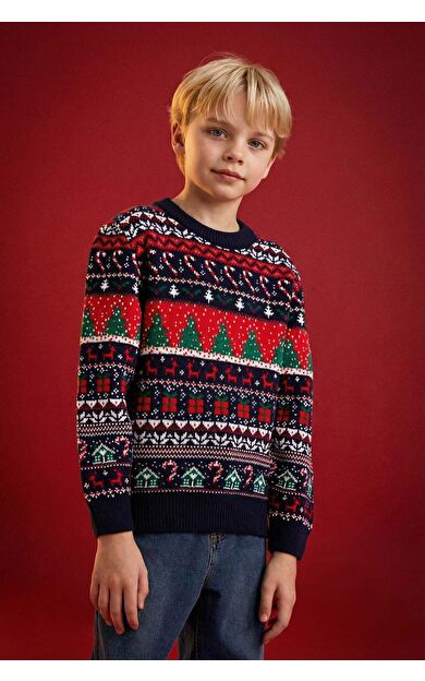 DeFacto Erkek Çocuk Yılbaşı Temalı Bisiklet Yaka Triko Kazak D5792A824CWNV135