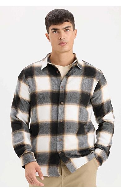 DeFacto Regular Fit Polo Yaka Kareli Flanel Uzun Kollu Gömlek D5835AX24AUBN279
