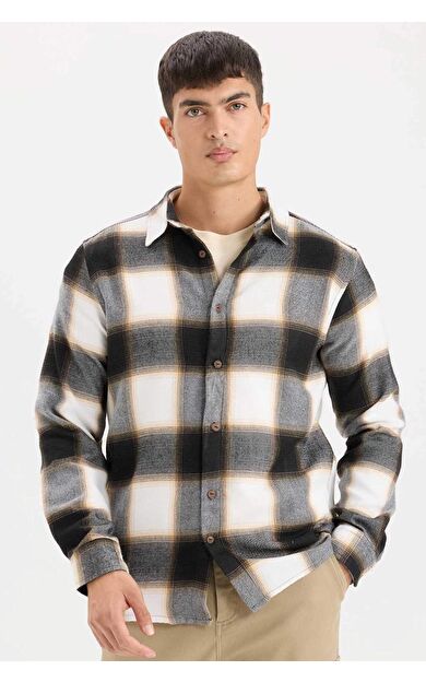 DeFacto Regular Fit Polo Yaka Kareli Flanel Uzun Kollu Gömlek D5835AX24AUBN279