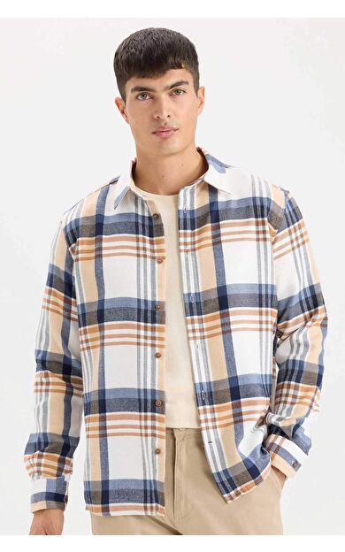 DeFacto Regular Fit Polo Yaka Kareli Flanel Uzun Kollu Gömlek D5835AX24AUER140