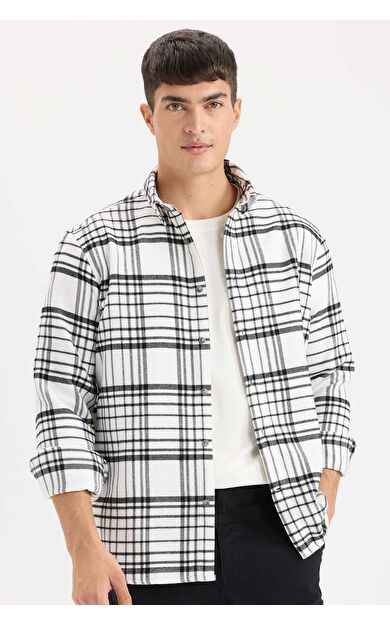 DeFacto Regular Fit Polo Yaka Kareli Flanel Uzun Kollu Gömlek D5835AX24AUER98