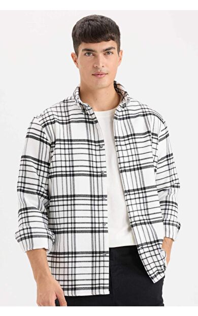 DeFacto Regular Fit Polo Yaka Kareli Flanel Uzun Kollu Gömlek D5835AX24AUER98