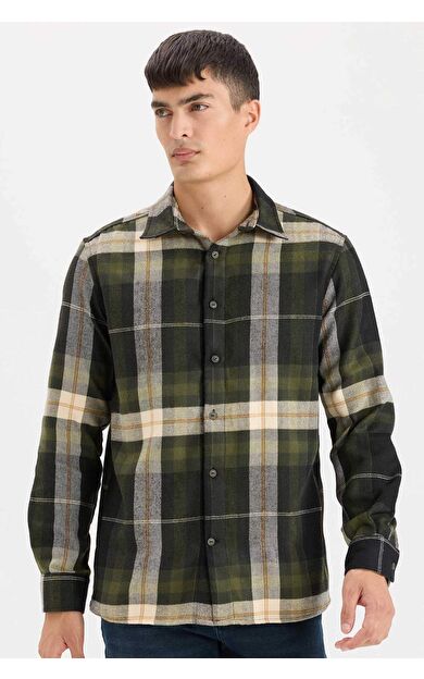 DeFacto Regular Fit Polo Yaka Kareli Flanel Uzun Kollu Gömlek D5835AX24AUNV64