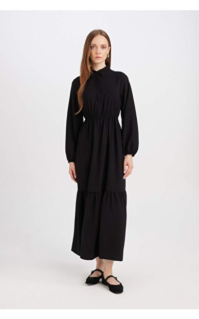 Gömlek Yaka Uzun Kollu Maxi Elbise