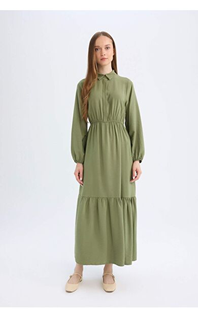 Gömlek Yaka Uzun Kollu Maxi Elbise