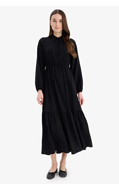 Gömlek Yaka Basic Düz Düğmeli Beli Büzgülü Uzun Kollu Maxi  Elbise