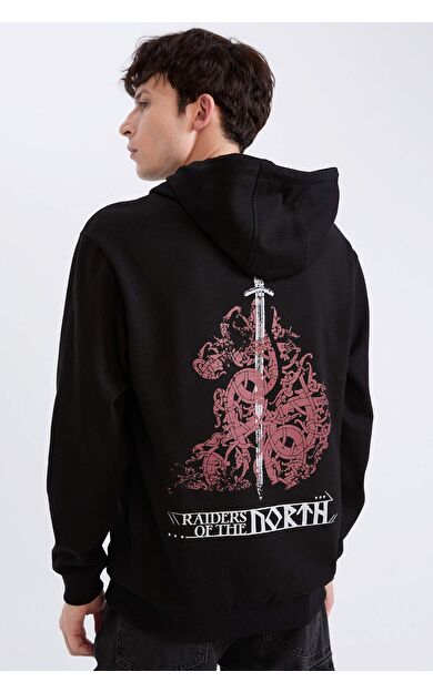 DeFacto Vikings Valhalla Regular Fit Kapüşonlu Sırt Baskılı Sweatshirt D5863AX24WNBK81