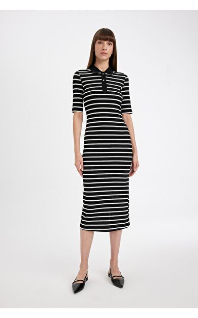 DeFacto Bodycon Polo Yaka Çizgili Fitilli Kaşkorse Yarım Kol Midi Elbise