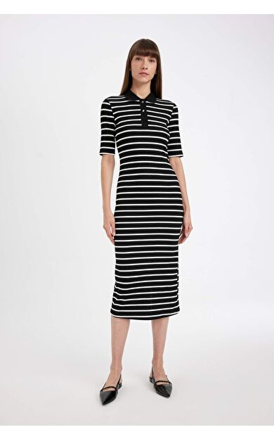 Bodycon Polo Yaka Çizgili Fitilli Kaşkorse Yarım Kol Midi Elbise