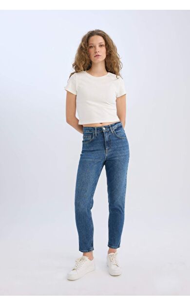 DeFacto Lina Comfort Mom Fit Rahat Kalıp Yüksek Bel Bilek Boy Jean Yıkamalı Pantolon