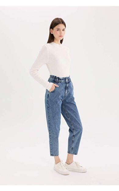 DeFacto Paperbag Rahat Kesim Yüksek Bel Beli Lastikli Hafif Düz Paça Jean Yıkamalı Pantolon
