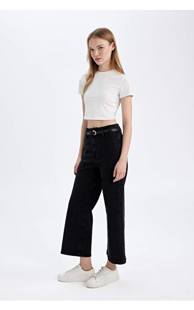 Culotte Yüksek Bel Bilek Boy Jean Yıkamalı Pantolon
