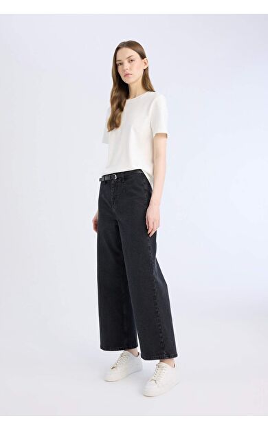 DeFacto Culotte Yüksek Bel Rahat Kalıp Bilek Boy İspanyol Paça Kemerli Jean Yıkamalı Pantolon