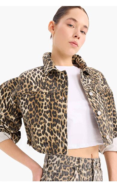 DeFacto Oversize Geniş Kalıp Leopar Desenli Gabardin Uzun Kollu Gömlek Ceket