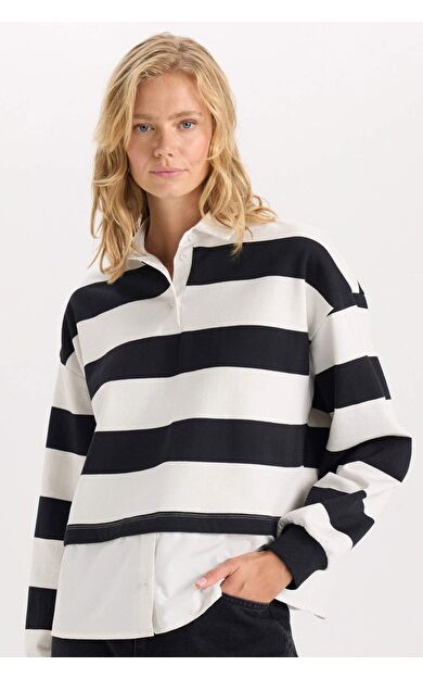 DeFacto Relax Fit Polo Yaka Çizgili Kalın Kumaş Etek Ucu Kumaş Detaylı Sweatshirt