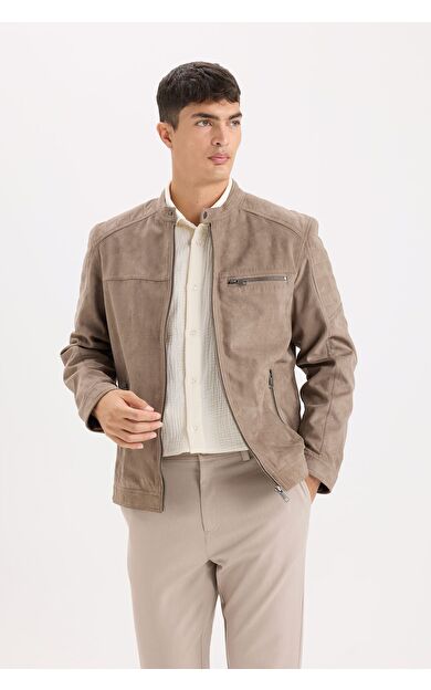 DeFacto Slim Fit Dar Kesim Dik Yaka Fermuarlı Süet Görünümlü Mont