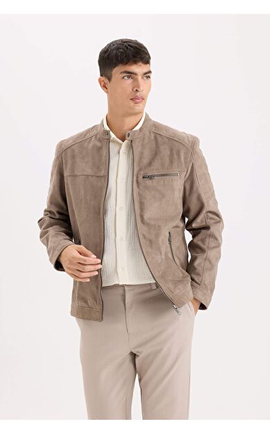 DeFacto Slim Fit Dar Kesim Dik Yaka Fermuarlı Süet Görünümlü Mont