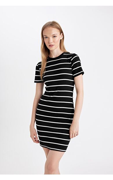 DeFacto Coool Bodycon Bisiklet Yaka Çizgili Fitilli Kaşkorse Kısa Kollu Mini Elbise