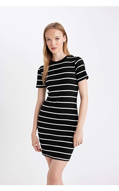 DeFacto Coool Bodycon Bisiklet Yaka Çizgili Fitilli Kaşkorse Kısa Kollu Mini Elbise